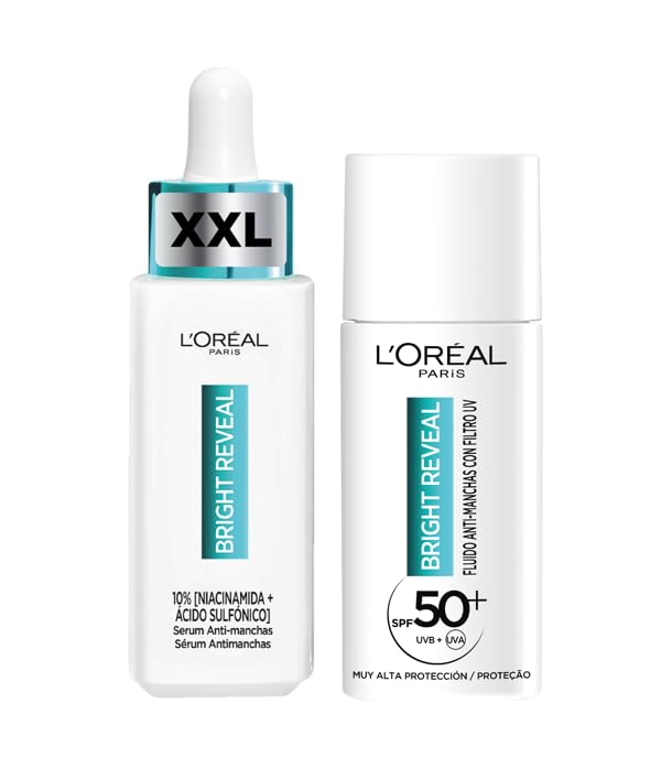 L'Oréal Paris Bright Reveal Serum Anti-Manchas Con Melasyl y Niacinamida XXL 50ml + Fluido Hidratante Anti-Manchas Con Filtro UV SPF50+ Para Todo Tipo De Piel