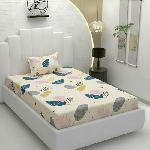Image of Filymore Single Fitted Bedsheet with 1 Pillow Cover | Cream Leaf Print Bed Sheet for Single Bed | 240 TC Soft Microfiber Elastic Fitted Bedspread Size 72 x 36 Inch | Blue & White