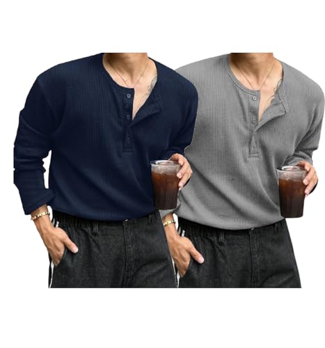 Image of Trillion Men's Textured Fabric Solid Color Basic Half-Open Collar T-Shirt, Fall Long Sleeve Men Shirt | Tshirt for Men