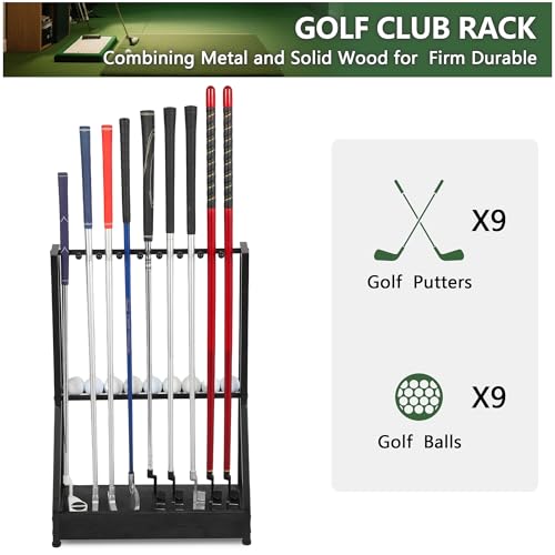 Image of Golf Club Holder for 9 Clubs & 9 Balls, Solid Wood & Iron Golf Organizer, Golf Putter Holder Floor Stand, Golf Club Stand Suitable for Golf Simulators|Golf Course Accessories