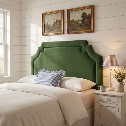 Modway Magnolia Queen Size Stain-Resistant Performance Velvet Headboard in Moss Green Dark Green - Padded Cushioned Headboard with Adjustable Mounting Positions