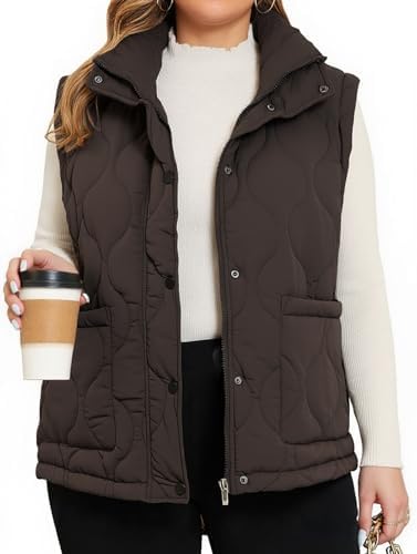 Theenkoln Plus Size puffer Vest:Sleeveless Zip Up Stand Collar Outerwear Quilted Puffy Winter Vest Jacket with Pockets