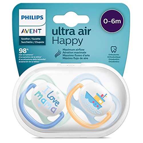 Philips AVENT Ultra Air Schnuller, 2er-Pack – BPA-freier Schnuller für Babys von 0 bis 6 Monaten, Boot/Mama-Design (Modell SCF080/01)