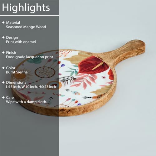 Image of Saaga Burnt Sienna Mango Wood Pizza Serving Tray - Stylish Round Snack Plate (15x10 Inch) for Kitchen, Home, Cafes & Restaurants