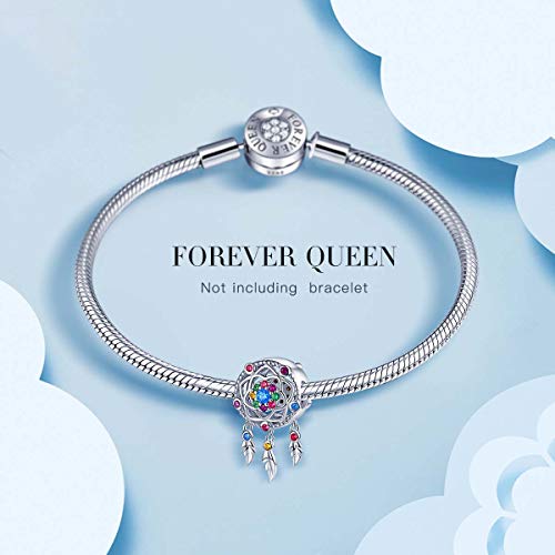FOREVER QUEEN Dream Catcher Charm fit Charms Bracelet 925 Sterling Silver Feathers Tassel Bead Charm with Colorful Stones Pendant for European Necklace Jewelry3