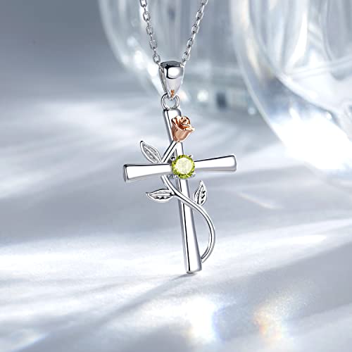 Cross Necklace for Women, 925 Sterling Silver Birthstone Necklace for Women with Rose Flower Birthstone Womens Jewelry Birthday Gifts for Wife Women3