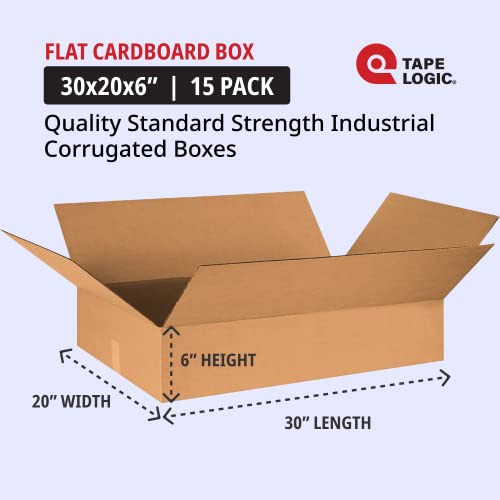 Image of TAPE LOGIC 30x20x6 Flat Corrugated Boxes, Flat, 30L x 20W x 6H, Pack of 15 | Shipping, Packaging, Moving, Storage Box for Home or Business, Strong Wholesale Bulk Boxes