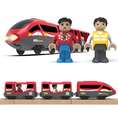 DxxD Tren Eléctrico de Juguete para Niños, Juguete de Vehículos con luz y Sonido, Tren de Locomotora de Acción con Pilas, Compatible con Thomas, Brio, Regalos Coche para Niños 3 4 5 6 7 8 años, Rojo