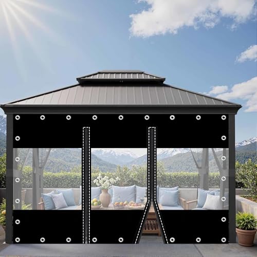 屋外用カーテン、冬季保温防水ターポリンカーテン、ガゼボ用透明接合ターポリンサイドパネル、ボタンホールとファスナー付き、厚さ0.3mm,2Zipper-3x2.1m