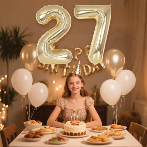 Image of Champagne Gold Large Number 27 Balloon, 40 Inch Light Gold Foil Helium Number Balloons, Giant Mylar Number 27 Balloons for 27 Years Old Birthday Party Anniversary Decorations (Champagne Gold 27)