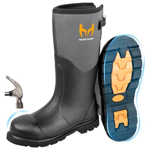 Rubber Work Boots, Puncture-Proof with Steel Toe & Shank, Waterproof Insulated 6mm Neoprene Hunting Boots for Farming, Construction, Gardening, Fishing, Outdoor Work (Size 6-14) 10 Grey