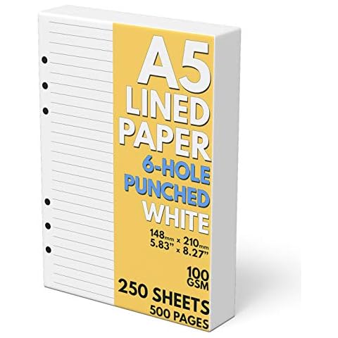 A5 Lined Paper 6-Hole Punched, 250 Sheets (500 Pages), 100 GSM, A5 Binder Refill, 6-Ring Binder Inserts Cover