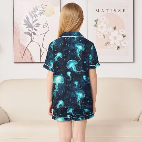 ALAZA Blue Jellyfish Starry Satin Pajamas Set Short Sleeve Button Down Sleepwear Summer Pjs 2 Piece4