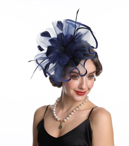 SAFERIN Fascinator Feather Mesh Net Veil Party Hat Flower Kentucky Derby Hat with Clip and Hairband for Women (TA1-Large Size Navy Feather Mesh)