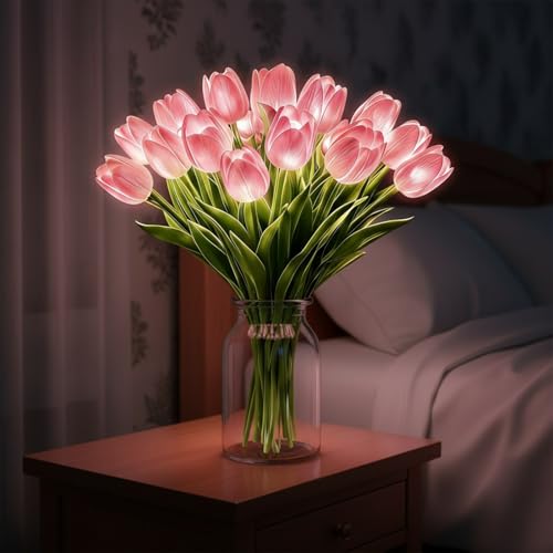 GETBSTOOP Radiant Romantic Tulip Light 15 Pcs Twinkling Tree Tulips Led Lights that Never Fade Flower Shaped Ambient Night Light Artificial Bouquet Bedside Lamp for Bedroom & Home Decor