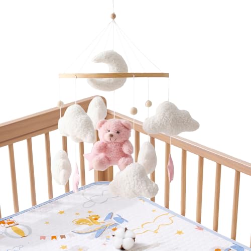 ベビーモービル クリブ用 - くまと雲のデザインベビーメリー - ロマンティックなセンサリーおもちゃ 360度回転,おしゃれで落ち着けるデザイン