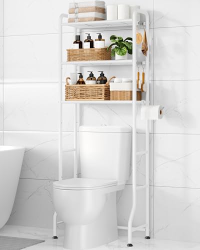 Image of Kitsure Over Toilet Storage Rack - Metal Over Toilet Bathroom Organizer Shelf, Over the Toilet Storage Cabinet with Paper Holder and Hooks, Bathroom Cabinet for Laundry, White, 3 Tiers (63.2 inch H)