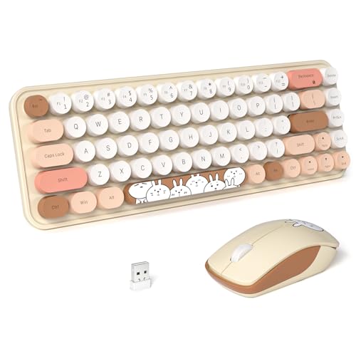 Image of FOPETT Wireless Keyboard and Mouse Cute Mouse and Keyboard 2.4G Wireless Keyboards with Colorful 68 Keys Typewriter Retro Round Keycap for PC, Laptop,Tablet,Computer Windows - Milk Tea Colorful