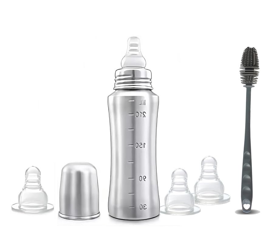 Speedex Stainless Steel Infant Baby Feeding Bottle, BPA Free, Anti-Colic, Plastic-Free, Medium-Flow Nipple (240 ML, 3 Nipple Extra & Brush)