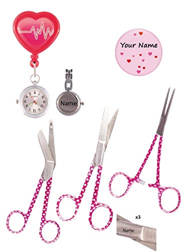 Conjunto de acessórios de enfermagem (relógio de enfermagem, tesouras de enfermagem e chapa de coração) gravura