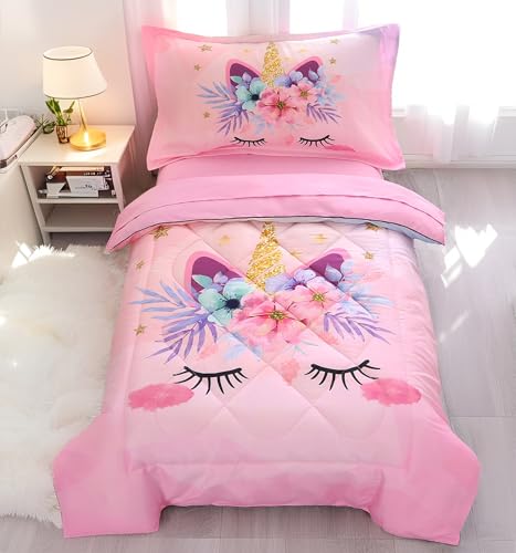 Image of KINBEDY Toddler Bedding Set 4 Piece Pink Unicorn Crib Bedding Set for Girls Soft Cute Floral Toddler Bed Sheets Comforter Set Baby Bedroom Set, Include Comforter, Flat Sheet, Fitted Sheet, Pillowcase | For Girls