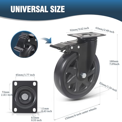 6 Inch Caster Wheels 3000lbs,Heavy Duty Casters Set of 4 with Brake, No Noise Polyurethane Swivel Caster Wheels for Cart,Furniture,Workbench(Free Screws & Spanners)