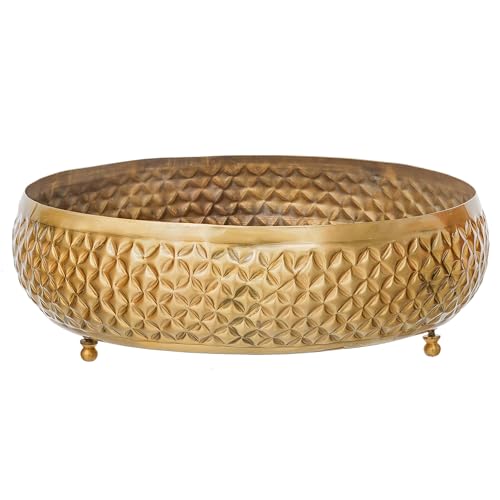Image of eCraftIndia Floral Designer Golden Brass Urli Bowl for Home Decoration Office Tv Unit Kitchen Showpiece for Good Luck | Urli for Living Room Diwali Gift