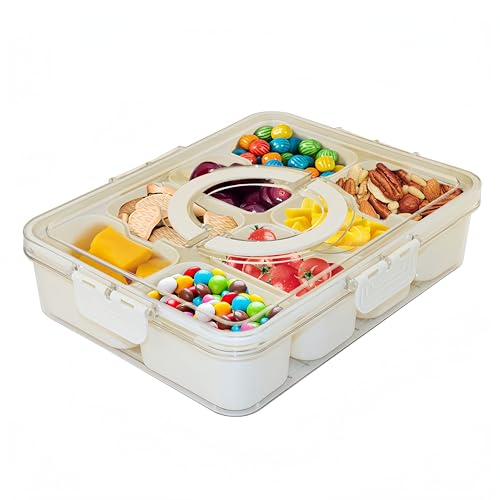 Snackle Box Container Divided Serving Tray with Lid and Handle, Portable Travel Snack Platters for Party, Fruit Organizer for Refrigerator for Candy, Fruits, Nuts, Chips
