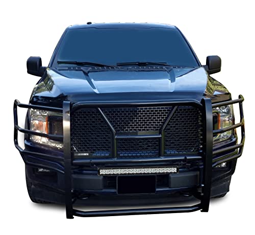 Image of Black Horse RUGGED Heavy Duty Grille Brush Bumper Guard Modular Black Come with 20 inch Double Row LED Light Compatible with 2015-2020 Ford F-150-RU-FOF115-B-KIT