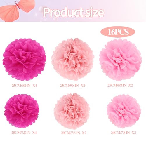 Image of BestoFun 16Pcs Party Decorations - Hot Pink Pom Poms, Paper Flowers for Wedding, Birthday, Engagement Receptions & Bridal Shower