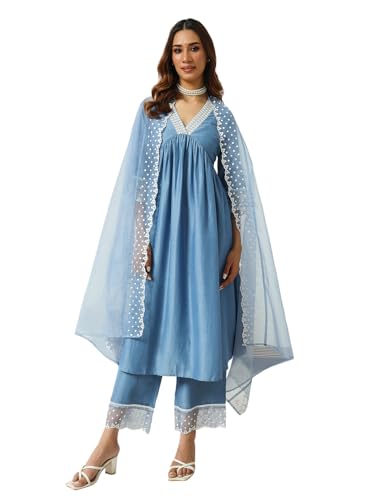 FIORRA Women's Silk Blend Embroidered Nayra Cut Kurta Palazzo With Dupatta Set