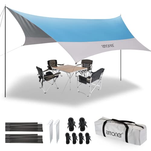 ATTONER Camping Tarp, 3.7x4.3M Bâche Anti-Pluie avec Deux Hardcore, Résistant aux UV UPF50+, Imperméable, Coupe-Vent, Léger et Facile à Transporter, Idéal pour l'extérieur, Les randonnées