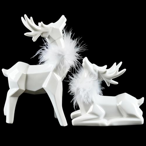 Allbaiyl 2Pcs Ceramic Christmas Reindeer Figurines White Deer for Winter Home Kitchen Office Indoor Table Top Neutral Decor