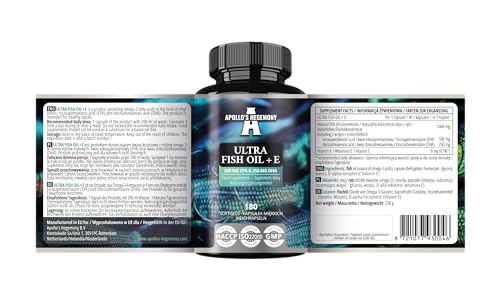 apollo39s hegemony ultra fish oil 1000mg with vitamin e 180 softgel capsules high strength omega 3 with 500mg epa and 250mg dha 6 months supply fatty acids efas