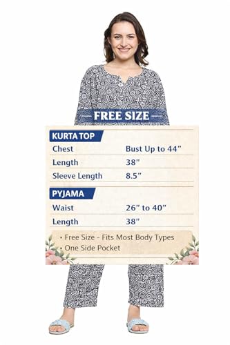 Image of Bresdk Women's 100% Cotton Printed Nightwear Set - Kurta Top & Pyjama | Pack of 2 | Free Size | One Side Pocket | Soft & Breathable Loungewear