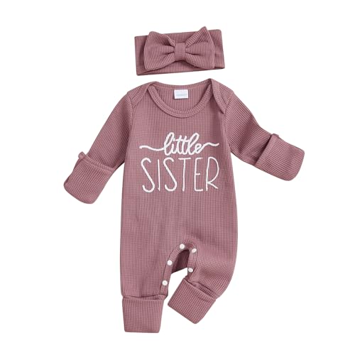 Image of allshope Infant Baby Girl Fall Outfit Sweatshirt Romper Little Sister Lil Sis Long Sleeve Jumpsuit Newborn Clothes