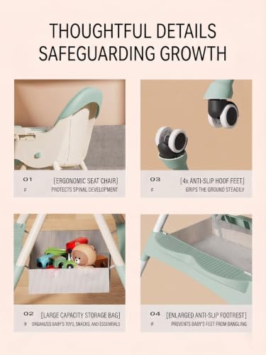 Image of 2-in-1 Convertible Baby High Chair for Feeding & Dining | Foldable High Chair with 5-Point Safety Harness, Double Removable Tray, Wide Footrest, Soft Cushion & Storage Basket | Lightweight Travel Friendly Baby Feeding Chair ( Green Color )