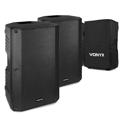 Vonyx VSA150S 15 Active DJ Speakers Pair with Bluetooth 1000W Powered PA System 2x Protective Speaker Bags USB MP3 EQ Microphone Guitar Inputs for Live Events