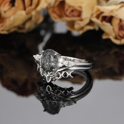 Oval Natural Black Rutilated Quartz Celtic Knot Bridal Wedding Ring Sets with Black Gold or Platinum Plated 925 Sterling Silver, Irish Gothic Engagement Rings and Spinel Trinity Annversary Band Size 4-93