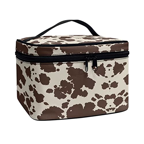Drydeepin Cute Brown Cow Cowhide Design Travel Makeup Bags for Women and Portable Tote Cosmetic Case with Carry Handle Toiletry Accessories Storage Organizer Bags
