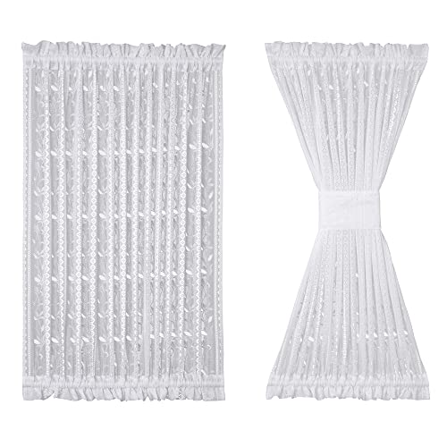 RLoncomix 1 Piece Lace French Door Curtain Rod Pocket White Boho Leaves Voile Curtains 40 Inch Long Light Filtering Short Floral Curtain Panel for Glass Door Patio Front Door Tieback Included
