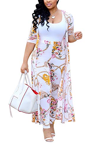 Women Fashion 2 Piece Club Outfits Long Sleeve Floral Open Front Cardigan and Pants Set White 2XL