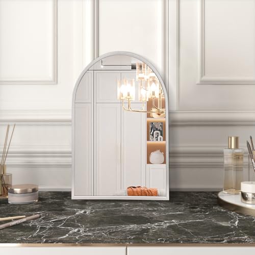 Image of Arched Wall Mirror, Silver Arch Brushed Metal Frame Bathroom Mirror, Arched Top Bathroom Vanity Mirrors for Living Room Bedroom Mantel Entryway Hallways Home Decor Aluminum Alloy Frame 16 inchx12 inch