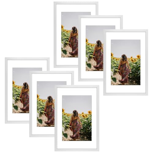 Image of Frametory, 16X24 Picture Frame Display 12X18 with Mat or Without Mat, Horizontal or Vertical Wall Poster Frame with High Definition Glass, Wide Molding, Perfect for Home Decorate (White, 6 Pack)