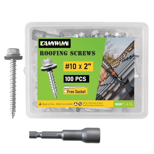 CAMNWAMN #10 x 2 Inch, 100 Pcs Hex Head Metal Roofing Screws, Zinc Plated Sharp Point Sheet Metal Roof Screw with Rubber Washer, Self Tapping Metal to Wood Siding Screws, Hex Socket Included