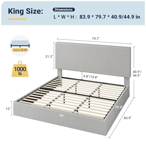 Image of Allewie King Bed Frame, Adjustable Corduroy Headboard, Platform, Grey | Adjustable Headboard, Corduroy Fabric, Low Profile, Wooden Slats, 1000 lb Capacity, No Box Spring Needed