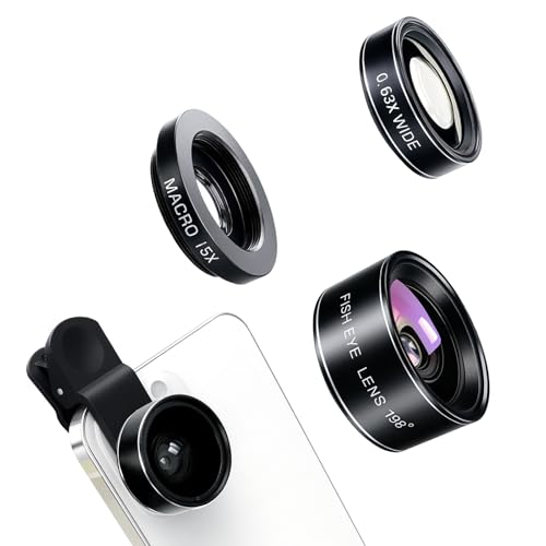 3-in-1 Smartphone Camera Lens Kit – 198° Fisheye, 0.63× Wide-Angle & 15× Macro Clip-On Lens Set for iPhone, Samsung & Android Phones (Black)