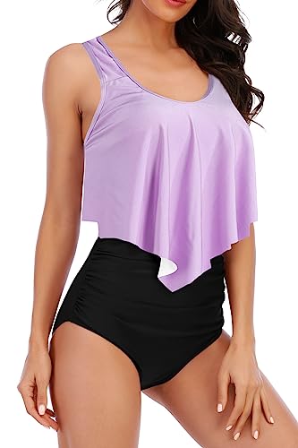 Image of Women High Waisted Bikini Swimsuit Flounce Vintage 2 Piece Bathing Suits | Vintage,tummy control,two piece bathing suits,plus size,swimwear,ruffled,tankini top,bikini bottom