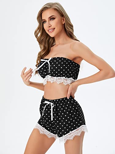 Wdirara Women's 2 Piece Polka Dots Lace Trim Strapless Bandeau Top Pajama Shorts Set Black S #TOP3