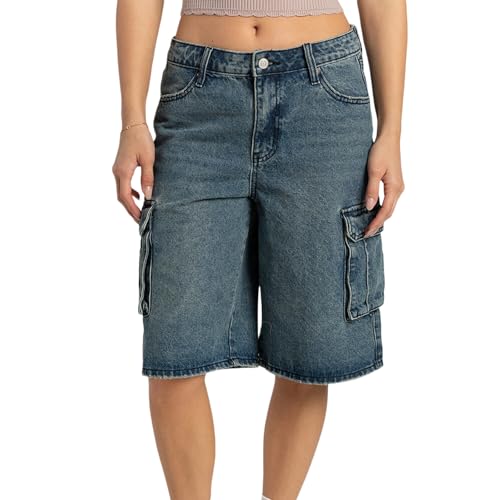 Alyweatry Y2k Loose Denim Bermuda Shorts for Women Low Rise Wide Leg Knee Length Oversized Fit Summer Jeans Shorts (Cargo Jorts Vintage Blue, S), Small